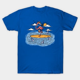 Funny Cartoon Flamingo Surrounded by Sharks T-Shirt